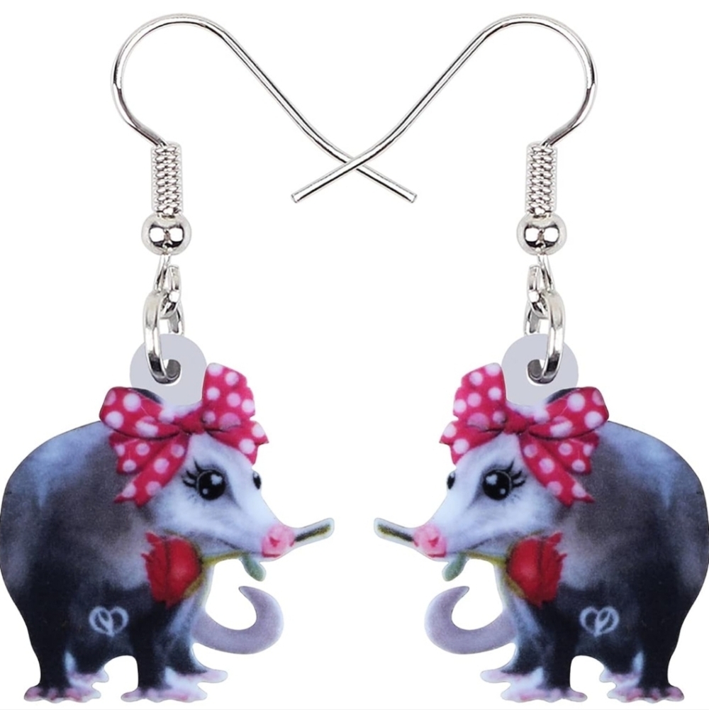 Cute Possum Earrings With Red Bow